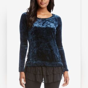 KAREN KANE Size X-Large Navy Blue Velvet Long Sleeve Blouse Black Layered Lace